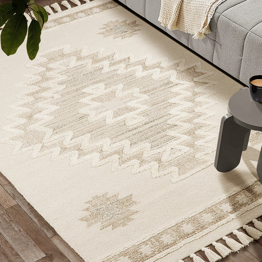 Cotton Buckley Kilim Shag Printed Rug Beige, Blanca