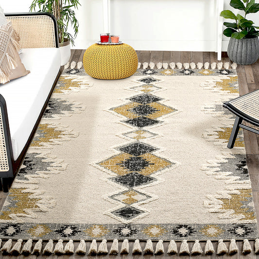 Cotton Buckley Multi Colored Print Geometric Shag Rug Yellow, Antero