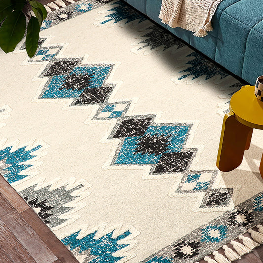 Cotton Buckley Multi Colored Print Geometric Shag Rug Teal, Antero