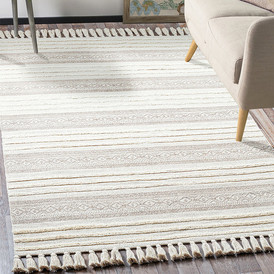 Cotton Diamond Stripes Stone Washed Shag Printed Rug Beige, Shasta