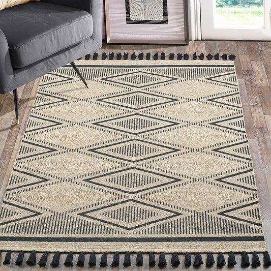 Jute Cotton Twist Diamond Printed Rug Black, Augusta