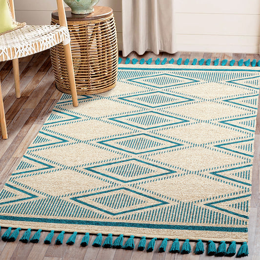 Jute Cotton Twist Diamond Printed Rug Teal, Augusta