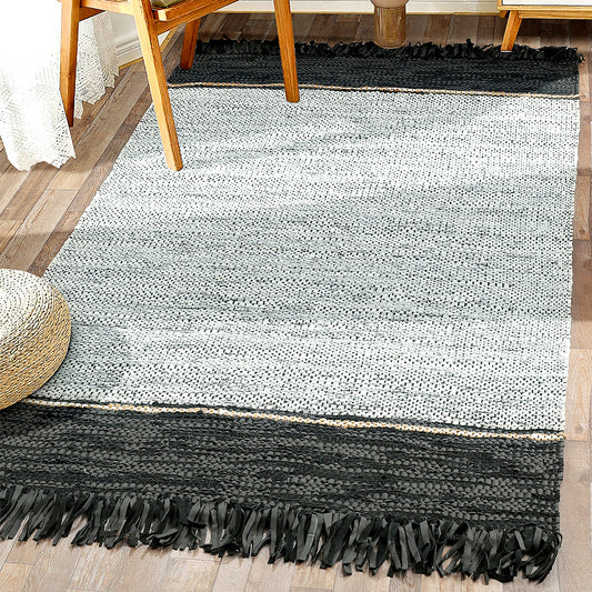 Natural Reclaimed Leather Flounce Striped Rug Black, Keith