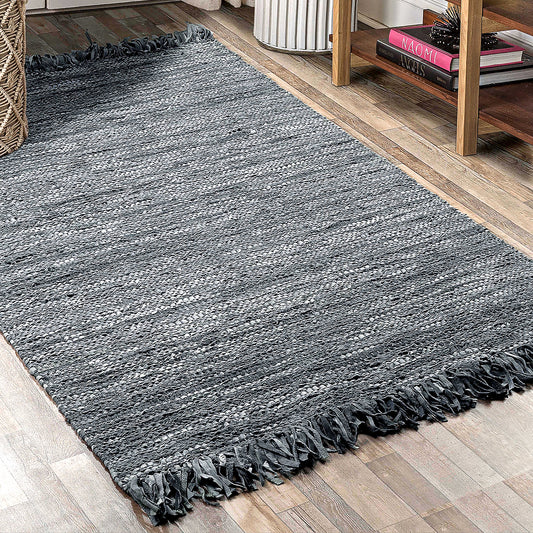 Natural Reclaimed Leather Flounce Solid Rug Grey, Atna